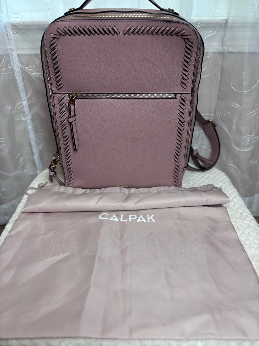Cal Pak Kaya Faux Leather Lap Top Back Pack in Blush Color Gold Tone Hardware
